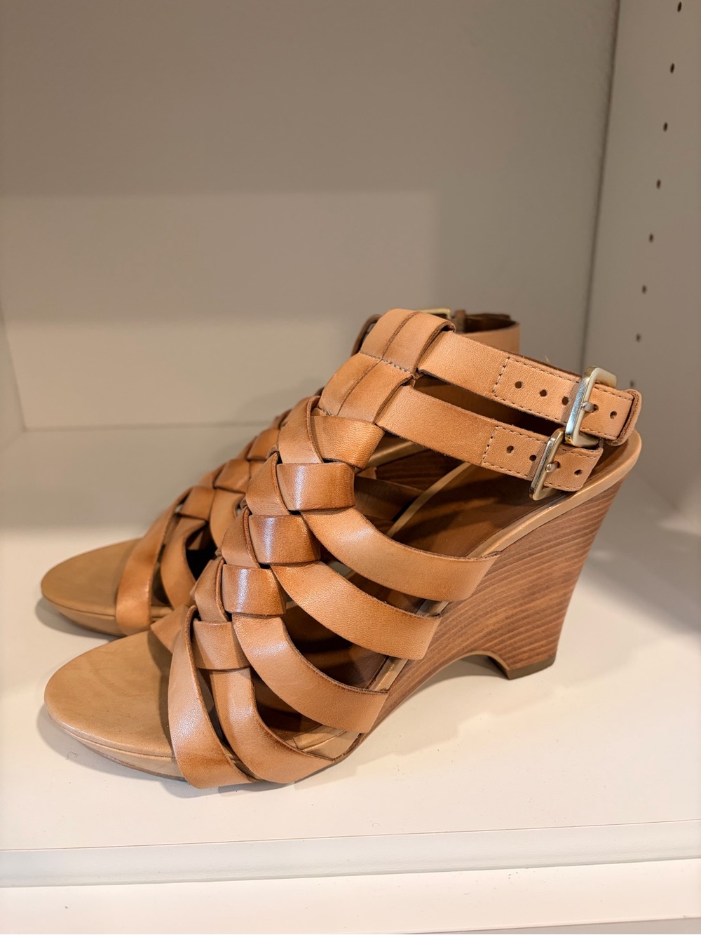 Franco Sarto Tan Woven Leather Wedge Sandals